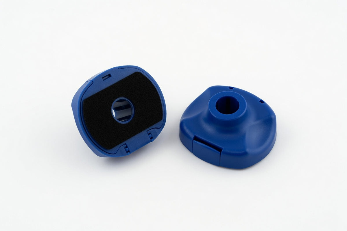 Spackle Hack™ drill guide with built-in debris cavity for clean, centered drywall drilling
