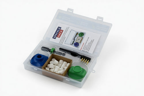 Spackle Hack™ complete drywall repair kit — drill bit, drill guide, plugs, sanding block, and wire brush in open case