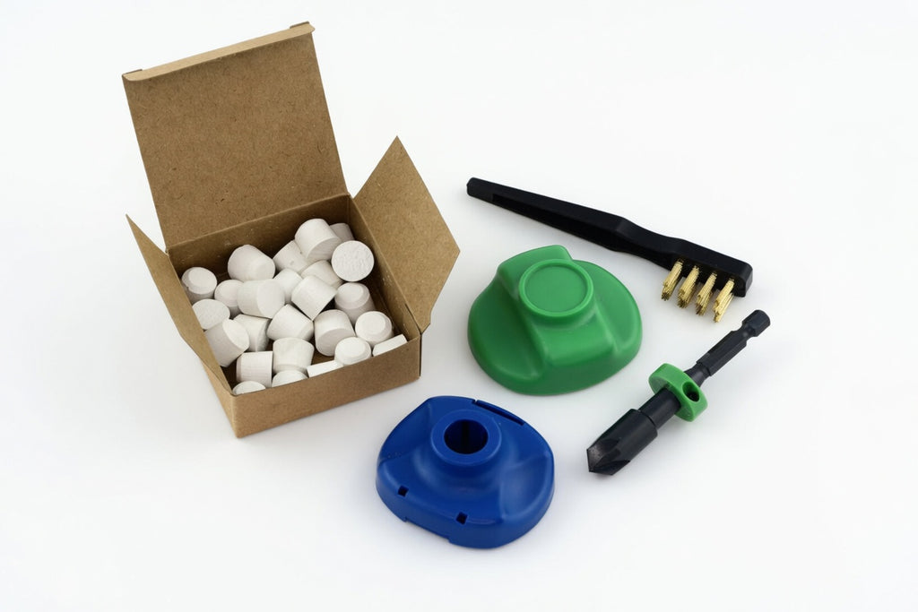 Spackle Hack™ drywall repair kit contents — plugs, drill bit, drill guide, sanding block, and wire brush