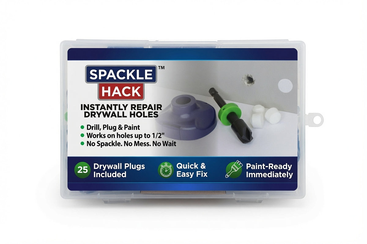 Spackle Hack™ drywall repair kit front packaging — fixes holes up to 1/2 inch without spackle