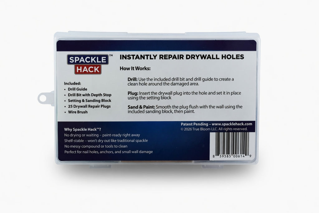 Spackle Hack™ drywall repair kit rear packaging — includes drill bit, drill guide, plugs, sanding block, and wire brush